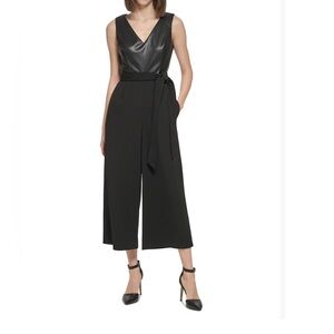Calvin Klein Black Faux Leather Sleeveless Wide Leg Jumpsuit
